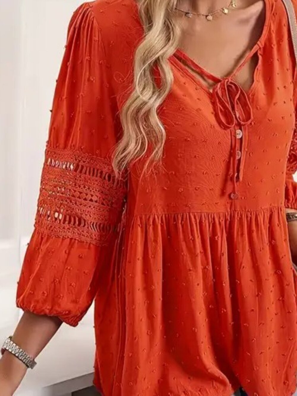 Peasant Top SZ XXL Crochet Lace Balloon Sleeve Baby Doll Button Front Swiss Dot
